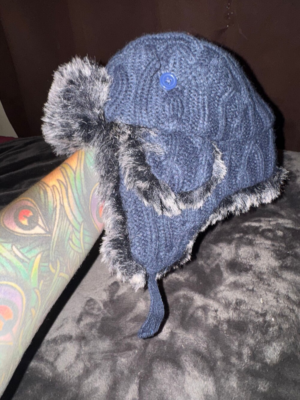 The Children’s place Navy Knit Trapper Hat with Faux Fur Pom Pom Ear Flaps